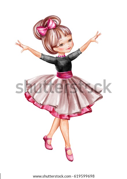 水彩イラスト かわいい小さなバレリーナ チュツのスカートを着た若い女の子 踊る子 人形 クリップアート 白い背景 のイラスト素材