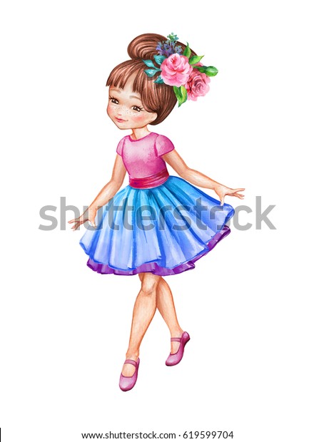 水彩イラスト かわいい小さなバレリーナ 青いツツのスカートを着た若い女の子 踊る子 人形 白い背景に歩くクリップアート のイラスト素材