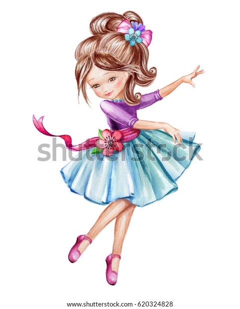 水彩イラスト かわいい小さなバレリーナ 青いドレスを着た若い女の子 踊る子 人形 白い背景にクリップアート のイラスト素材