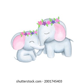 Watercolor illustration cute little elephant and Mom.Children clipart. Logo design,T-Shirt design 