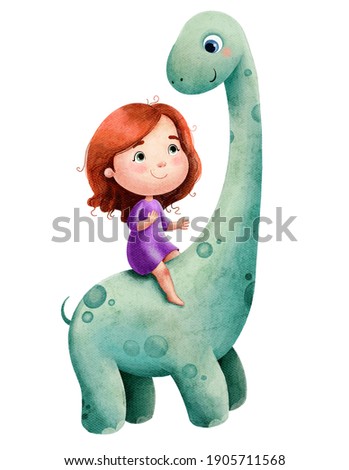 Watercolor illustration of a cute little girl with red hair and a green dinosaur with a long neck