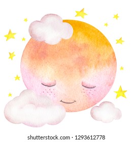 Watercolor Illustration With Cute Moon, Stars And Cloud