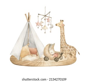 Watercolor Illustration With Cute Nursery Scene. Baby Interior. Tent, Chair, Rocking Horse, Dinosaurs Toys. Children's Playroom