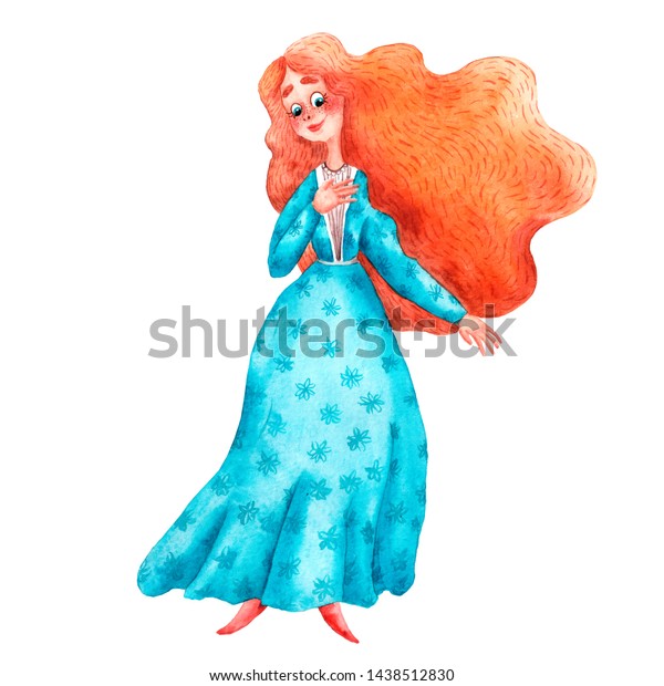 かわいいお姫様の水彩イラスト 中世の昔話の登場人物 手描きのスタイル 漫画の若い女王 青いドレス 花の飾り 赤毛の女の子 にこやかな顔 かわいい 招待状 のイラスト素材