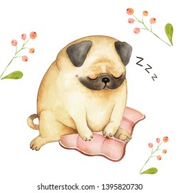 watercolor illustration of a cute pug dog sitting on a pillow