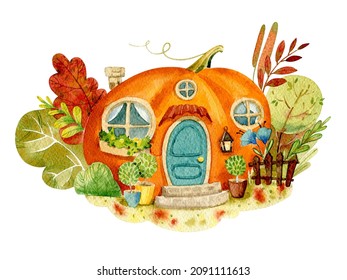 Watercolor Illustration. Cute Pumpkin House Surrounded By Flowers, Leaves And Plants. Isolated On A White Background.