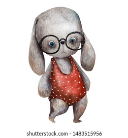 Watercolor illustration of cute rabbit. Gray little hare. Cartoon style of illustration. Hand drawn child toy. Fun baby glasses. Cute  mascot bunny girl. Funny pet. Sketch style. Happines childhood.  - Powered by Shutterstock