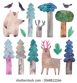 Watercolor illustration. Cute set of watercolor elements - trees, birds, deer and bear. Hand-drawn different spruces.