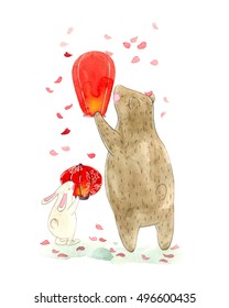 Watercolor Illustration Of A Cute Teddy Bear And Bunny And Asian Paper Lantern And Sakura Petals. Children's Book Illustration