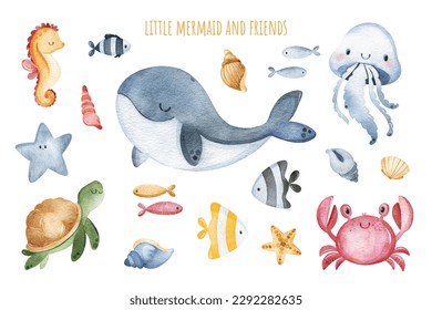 Watercolor illustration with cute underwater animals.Set with turtle,shells,fishes,jellyfish,whale,crab and seahorse.Perfect for baby shower,wedding,greeting cards,nursery,invitations,birthday,party. - Powered by Shutterstock