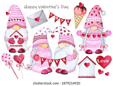 Watercolor Illustration. Cute Valentine Gnomes On White Background. Candy, Pink Hearts. Love Gnomes.