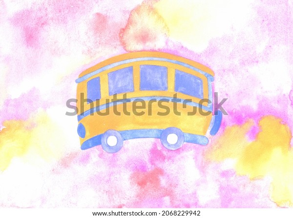 watercolor illustration of\
a cute yellow and blue cartoon tourist bus on pink\
background.vintage hippie\
bus