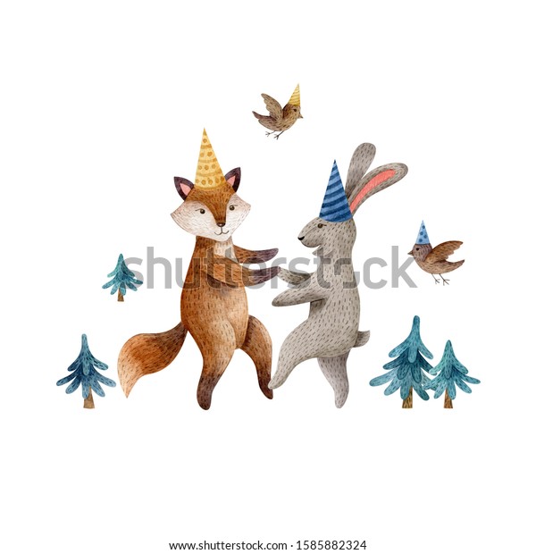 水彩のイラストで 踊る狐と 誕生日の帽子と鳥のウサギが描かれています 動物のキャラクター 子どもっぽいスタイル 手描きのクリップアート 誕生日 ベビーシャワーのお祝いのコンセプト のイラスト素材
