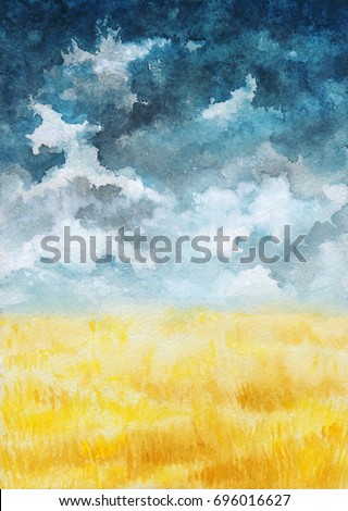Watercolor Illustration with Dark Sky, Clouds and Wheat Field