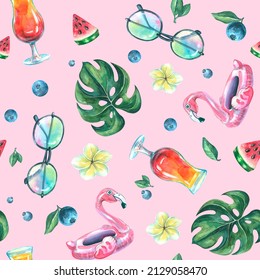 Watercolor illustration for decoration on the theme of a beach bar. Set of elements: cocktail, blueberry, watermelon, plumeria, sunglasses, inflatable flamingo circle. For postcards, posters, clothes.
