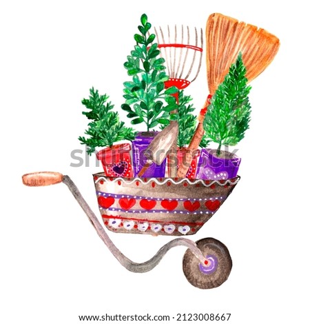 Watercolor illustration decorative garden wheelbarrow with seedlings, flowers and tools, rake, broom, gardening