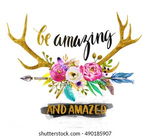 watercolor illustration with deer horns and flowers