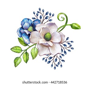 watercolor illustration, delicate flowers and fresh green leaves, festive bouquet, floral decoration, isolated on white background - Powered by Shutterstock