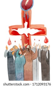 
Watercolor illustration Descent of the Holy Spirit on the Apostles, Holy Trinity Day, Pentecost, whitsunday. Praying men and women, the Holy Spirit in the form of a dove.
