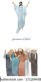 
Watercolor illustration Descent of the Holy Spirit on the Apostles, Holy Trinity Day, Pentecost, whitsunday. Praying men and women, 
Jesus Christ ascends