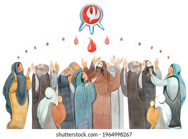 Watercolor illustration Descent of the Holy Spirit on the Apostles, Holy Trinity Day, Pentecost, whitsunday. Praying men and women, the Holy Spirit in the form of a dove. Christian art - Powered by Shutterstock