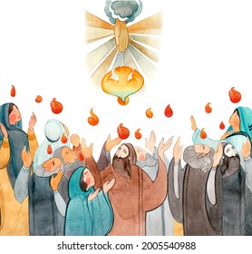 Watercolor illustration Descent of the Holy Spirit on the Apostles, Holy Trinity Day, Pentecost, whitsunday. Praying men and women, the Holy Spirit in the form of a dove. Christian art