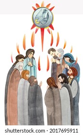 Watercolor illustration Descent of the Holy Spirit on the Apostles, Holy Trinity Day, Pentecost, whitsunday. Praying men and women, the Holy Spirit in the form of a dove.