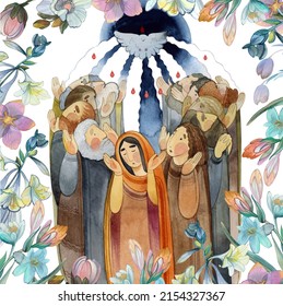 Watercolor illustration Descent of the Holy Spirit on the apostles, Holy Trinity Day, Pentecost, Trinity. Praying men and women, the Holy Spirit in the form of a dove. christian art