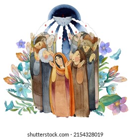 Watercolor illustration Descent of the Holy Spirit on the Apostles, Holy Trinity Day, Pentecost, whitsunday. Praying men and women, the Holy Spirit in the form of a dove. Christian art - Powered by Shutterstock