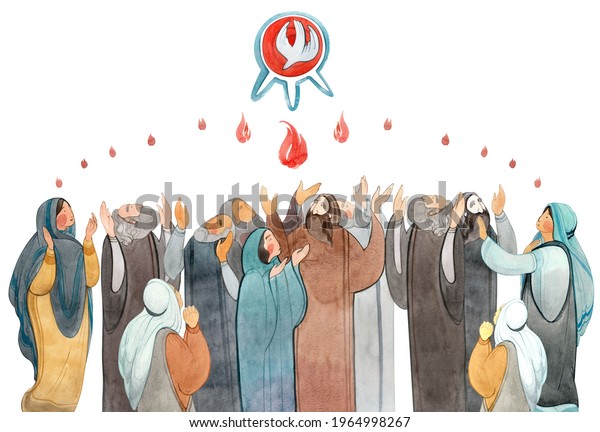 Watercolor\
illustration Descent of the Holy Spirit on the Apostles, Holy\
Trinity Day, Pentecost, whitsunday. Praying men and women, the Holy\
Spirit in the form of a dove. Christian\
art