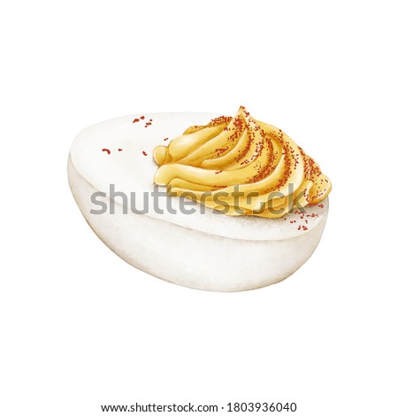 Watercolor Illustration of deviled Egg, made with mayonnaise, yellow mustard, pepper, salt and chili powder, often eaten on Halloween