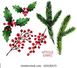 Watercolor Illustration. Different Elements For Christmas Design, Fir Branches, Red Berries, Mistletoe