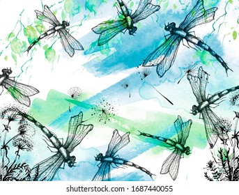Watercolor illustration. Dragonfly flies against the sky, birch branches, linden,cherry
 tree.Dandelion flower. Abstract paint splash. Stylish drawing. Dragonfly Graphic Realistic Line Ink Drawing