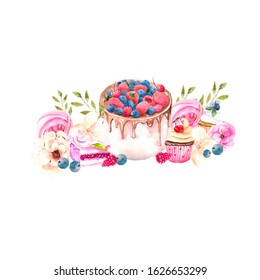 Watercolor Illustration. Drawing With Desserts For A Pastry Shop, Cafe, Printing, Etc. Cake With Berries, Flowers And Cupcakes.