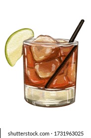 Watercolor Illustration Drawing Painting Old Fashioned Cocktails Alcohol Drink On White Isolated Ba