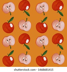 watercolor illustration drawn by hand. seamless pattern of apples and halves on orange background