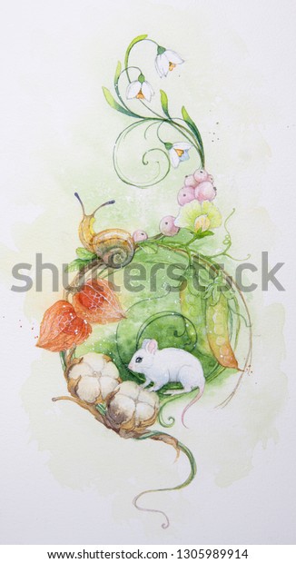 手描きの水彩イラスト 年を示すマウスとネズミ 水彩画 季節 春の始まり 夏 花が咲く雪滴 フィサリス 綿 白ネズミ カタツムリ のイラスト素材