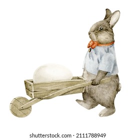 Watercolor illustration an Easter bunny and wheelbarrow and an egg  Hand drawing for cards  posters  invitations  congratulations  wall decoration