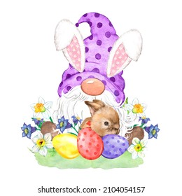 Watercolor illustration Easter gnome. Easter Bunny Gnome. 
Easter Gnome Sublimation Design. Gnome with bunny ears.    