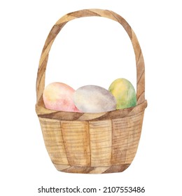 Watercolor Illustration Of An Easter Wicker Basket With Eggs.