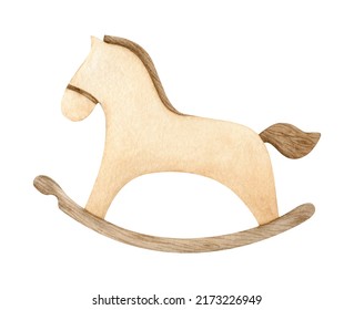 Watercolor Illustration Eco Baby Toy. Nursery Decor, 
Wood Rocking Horse. Hand Drawn Isolated On White Background. Perfect For Card, Invitation, Baby Shower, Tags, Printing