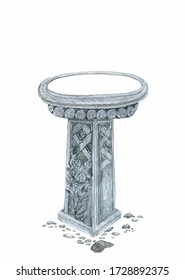 Watercolor Illustration Of An Elegant Grey Concrete Bird Bath Or Bird Feeder With A Sculptural Pattern And Roses Isolated On A White Background