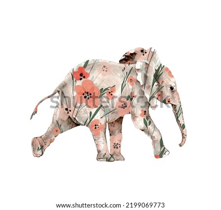 watercolor illustration of an elephant with a floral print. hand painting .
