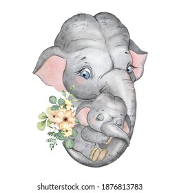 Watercolor illustration of an elephant mother holding a baby elephant with her trunk. Little elephant, mom and baby - Powered by Shutterstock