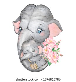 Watercolor illustration of an elephant mother holding a baby elephant with her trunk. Little elephant, mom and baby - Powered by Shutterstock