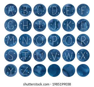 Watercolor illustration of English alphabet with starry night sky shapes and letter constellations. Hand painted water color graphic drawing on white background, isolated elements for creative design.