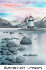 Watercolor illustration of an evening landscape with a lighthouse, a rocky seashore, range of mountains and sunset sky