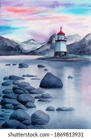 Watercolor illustration of an evening landscape with a lighthouse, a rocky seashore, range of mountains and sunset sky
