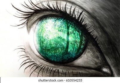 Watercolor Illustration Of Eye Reflecting Nature. Soul Of Our Mind. 