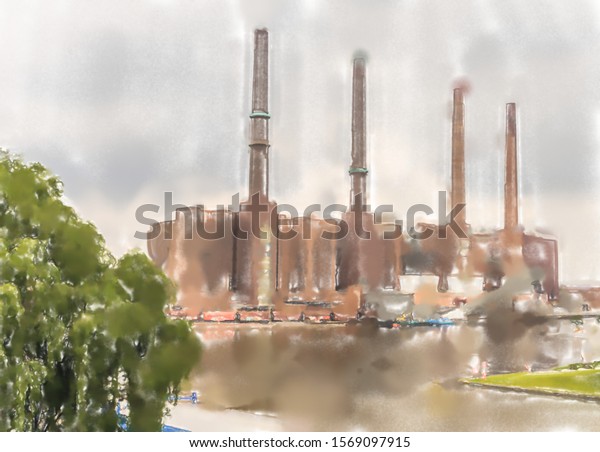 watercolor illustration: The factory of the\
car\
manufacturer